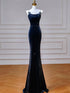 Navy Blue Mermaid Straps Velvet Long Party Dress, Navy Blue Velvet Long Prom Dress